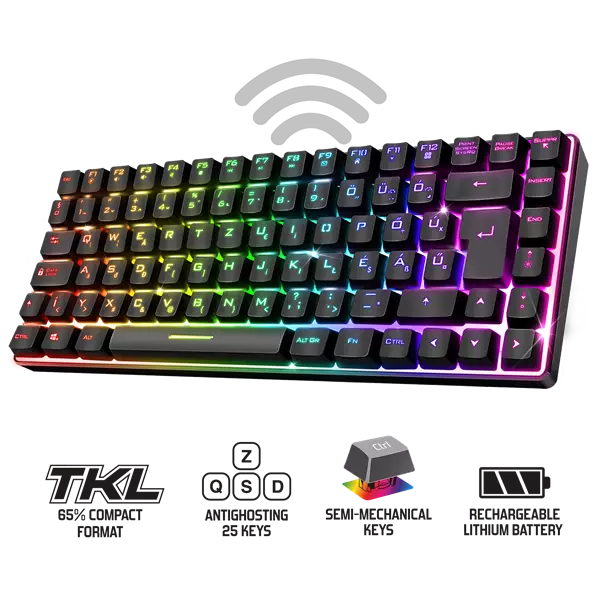 Spirit of Gamer Billentyűzet Vezeték nélküli - ELITE K70 (TKL, 85 gomb,, RGB LED,USB, anti-ghost, fekete, magyar)