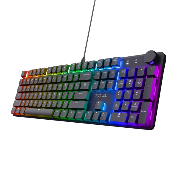 Trust Billentyűzet Gamer - GXT866 Torix (Mechanikus, Huano switch; RGB LED háttérvilágítás; USB; fekete; angol)