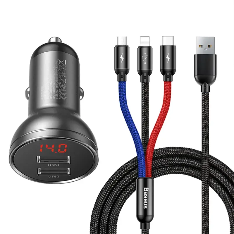 Baseus 24W-os Autós Töltő Kijelzővel + 3 az 1-ben Baseus Háromszínű USB Kábel (1,2m)