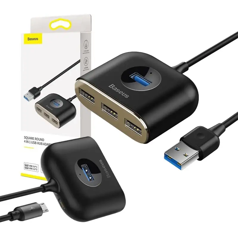 Baseus Square Round 4 az 1-ben USB 3.0 HUB - 1 apa USB 3.0 + 3 anya USB 2.0, 1 méter (fekete)