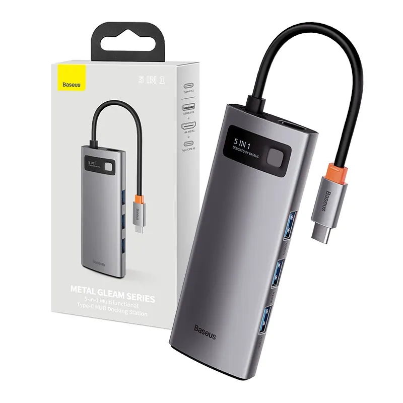 Baseus Metal Gleam Series 5 az 1-ben USB-C hub, 3x USB 3.0 anya + HDMI + USB-C PD apa csatlakozókkal