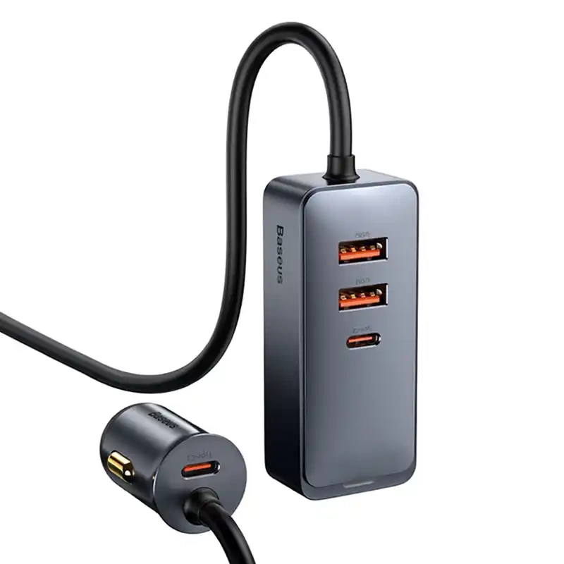 Baseus Share Together autós töltő hosszabbító kábellel, 2x USB, 2x USB-C, 120W (szürke)