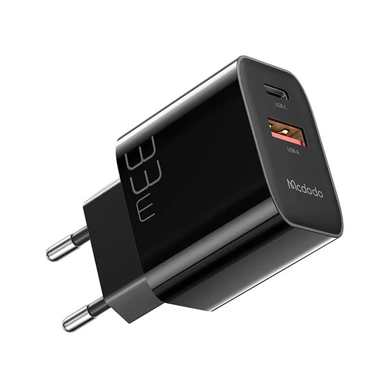 Mcdodo CH-0922  töltő fej USB + USB-C kimenettel, 33W teljesítménnyel és USB-C kábellel (fekete)