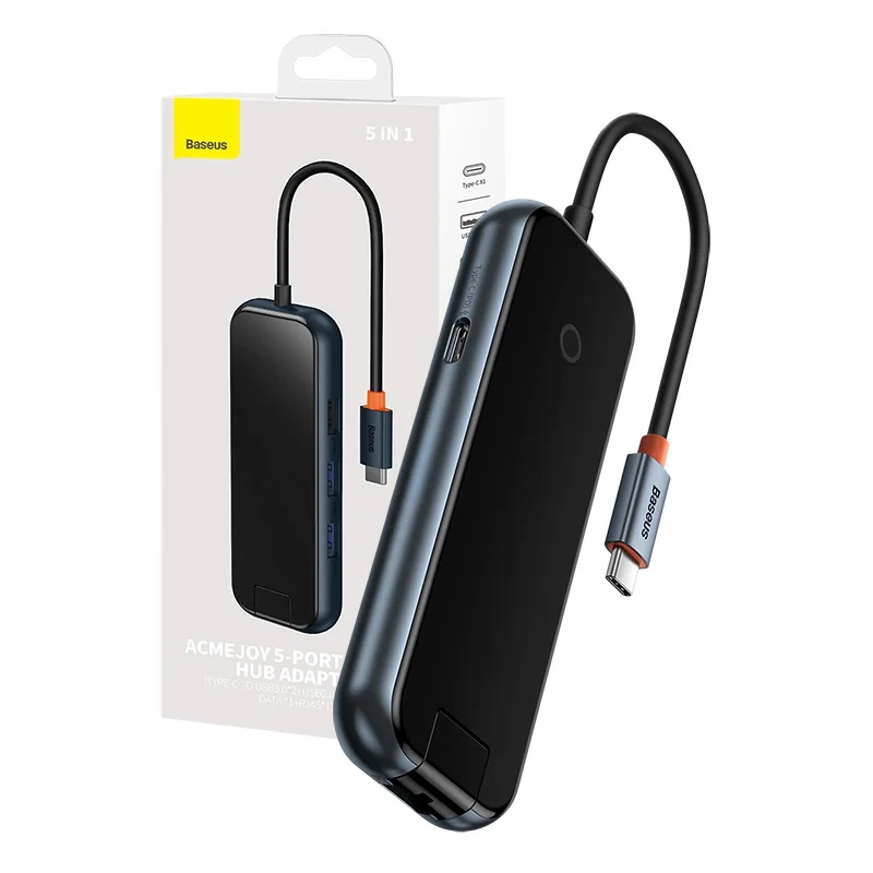 Baseus AcmeJoy 5 az 1-ben USB-C Hub - 2x USB 3.0 Anya, 1x USB 2.0 Anya, USB-C PD, RJ45 Ethernet (Sötétszürke)