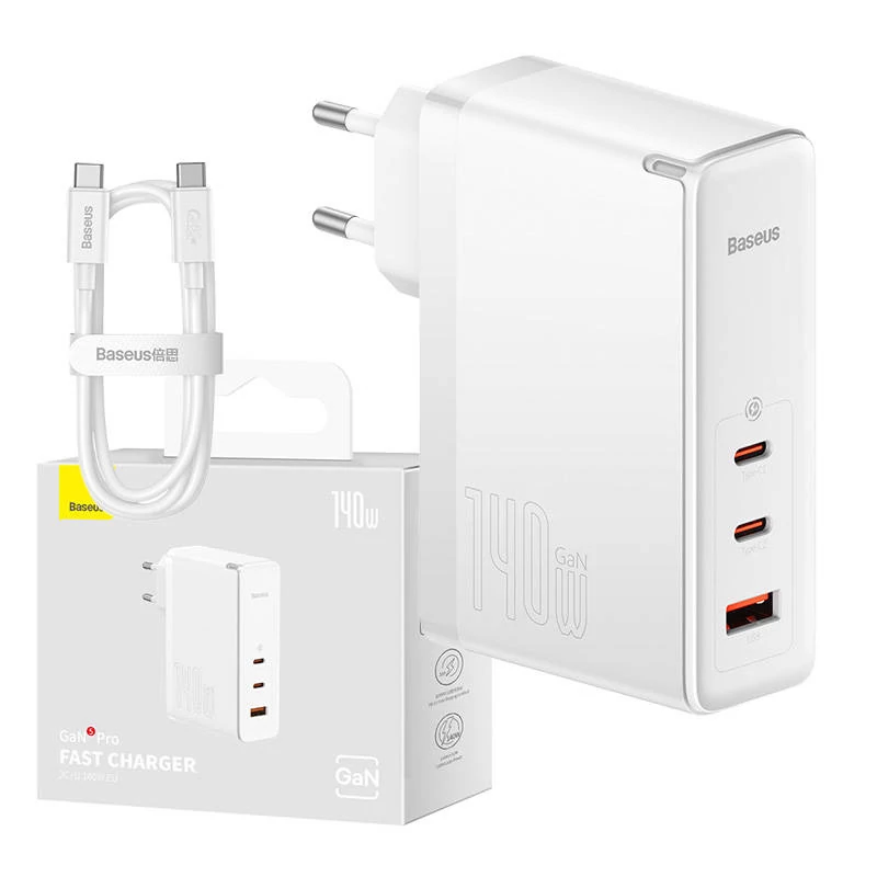 Baseus GaN5 Pro Gyorstöltő, 2xUSB-C + USB, 140W (fehér)