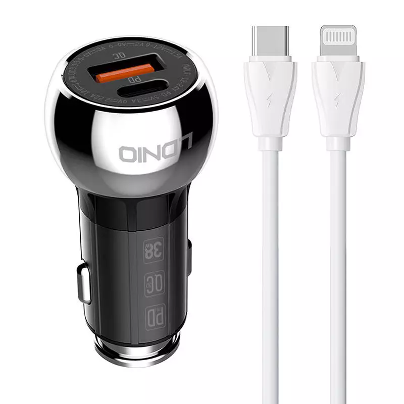 LDNIO C1 USB, USB-C autós töltő + USB-C - Lightning kábel