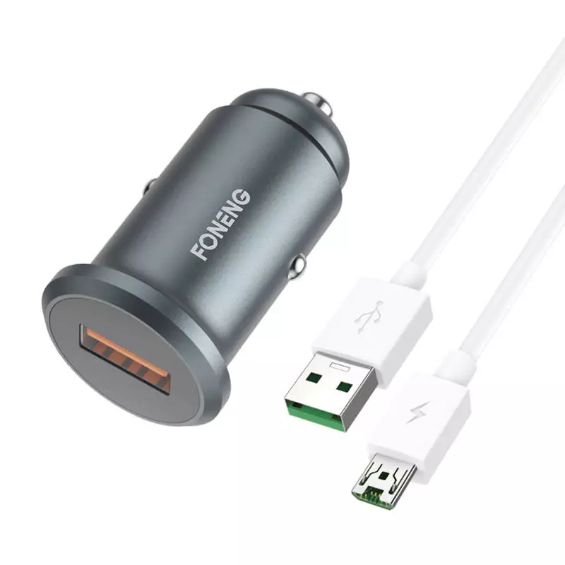Foneng C15 USB autós töltő, 4A, Micro USB kábellel (szürke)
