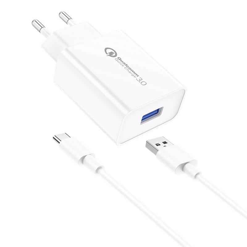 Foneng EU13 Fali Töltő + USB-A - USB-C Kábel, 3A (Fehér)