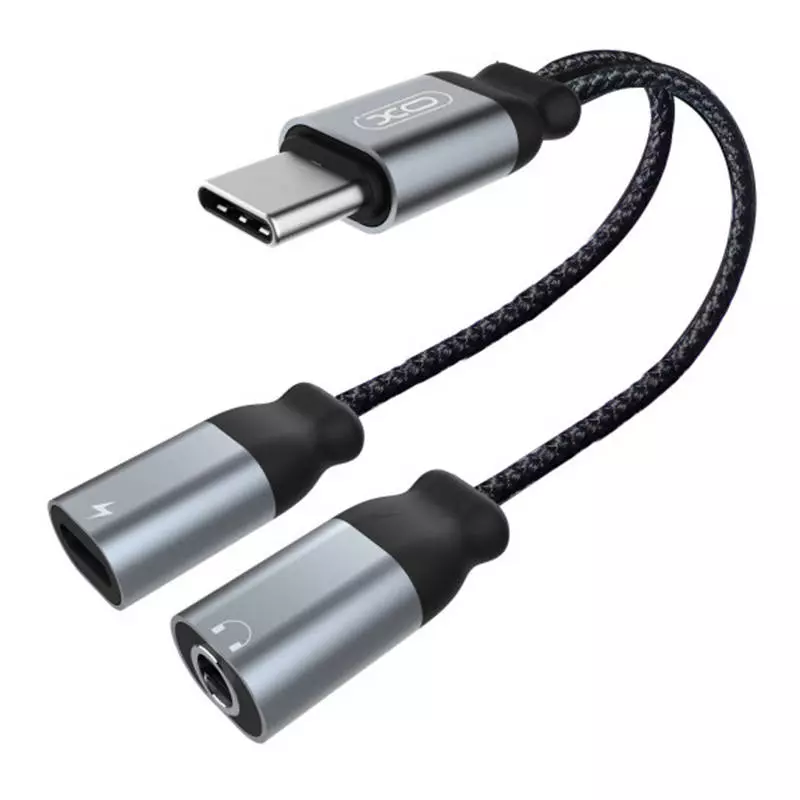 XO NBR160B Fekete színű Type-C - Type-C + 3,5 mm Jack audio adapter Bluetooth átviteli funkcióval