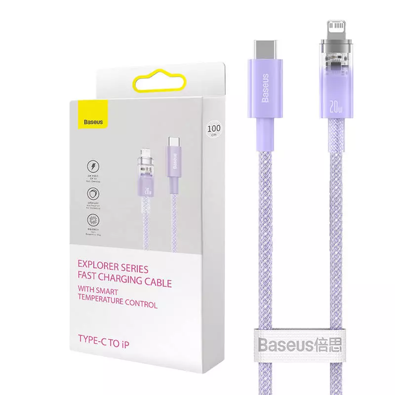 Baseus Explorer sorozatú 2 méteres, 20 W-os, USB-C - Lightning gyorstöltő kábel (lila)