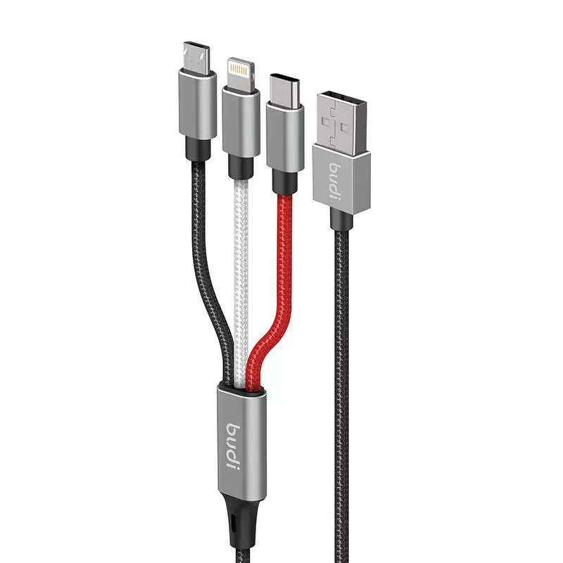 Budi 3 az 1-ben USB - Lightning / USB-C / Micro USB kábel, 2.4A, 1m, fonott (fekete)