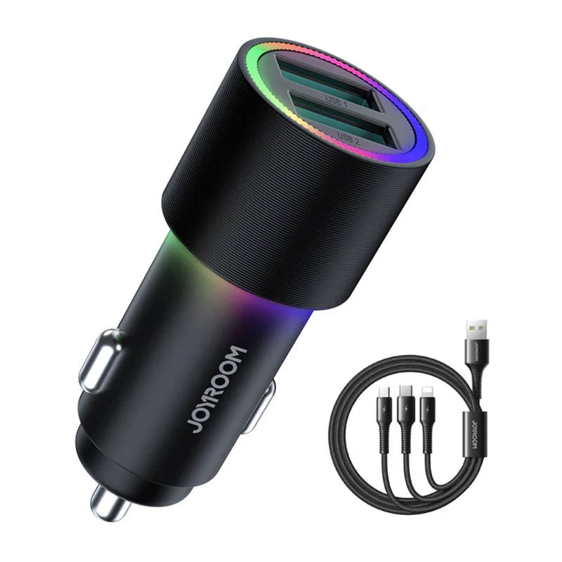 Joyroom JR-CL10 Autós Töltő, 2x USB, 4.8A + 3in1 Kábel (fekete)
