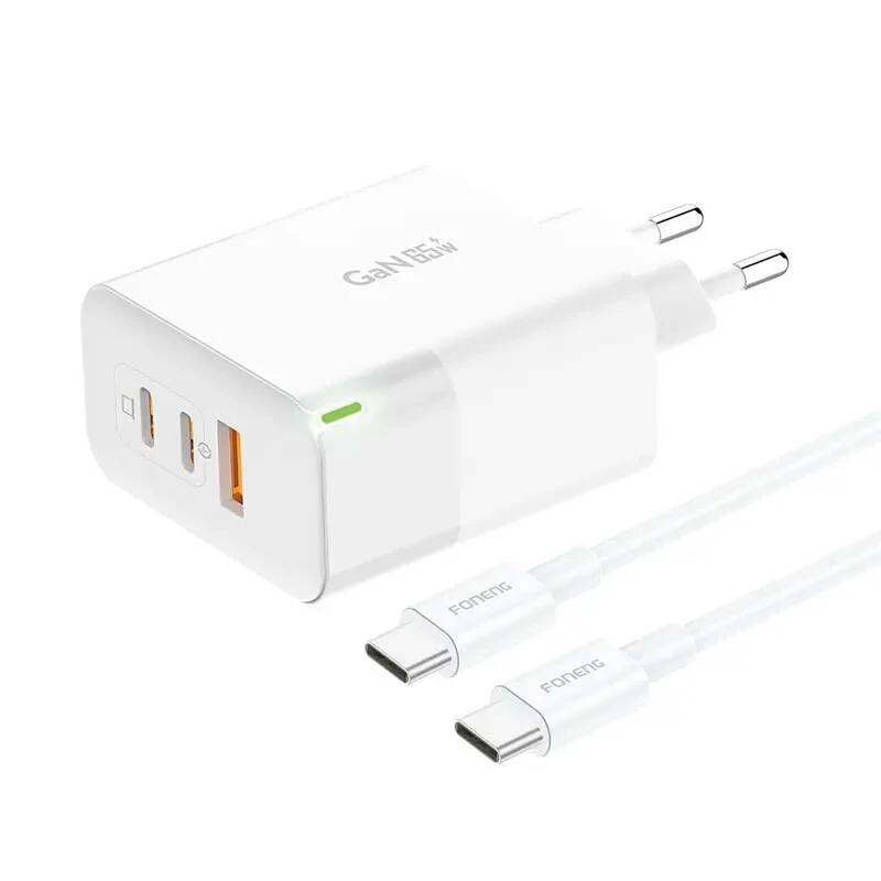 Foneng GAN65 Hálózati Töltő 2 USB-C és 1 USB-A Csatlakozóval, USB-C Kábellel