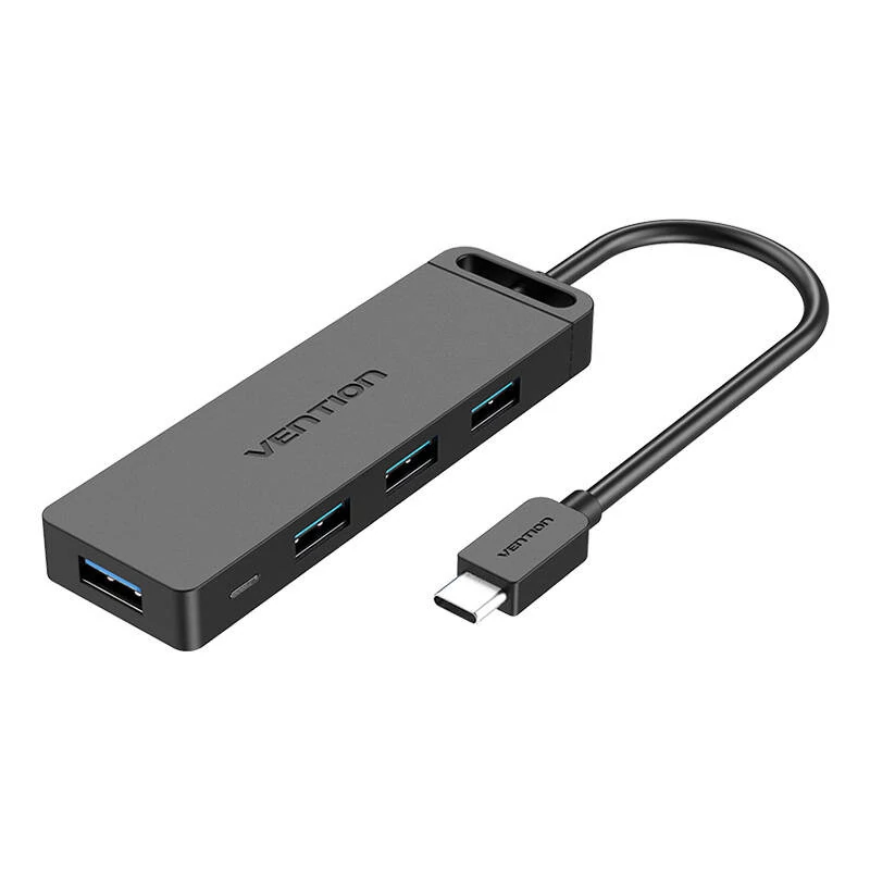 Vention TGKBD 5 az 1-ben USB 3.0 Hub 4 porttal és 0,5 méteres USB-C kábellel, Fekete
