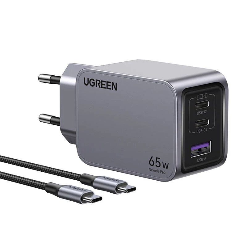 Ugreen Nexode Pro Fali Töltő, USB + 2x USB-C, 65W + USB-C Kábel 1,5 méteres (Fekete)