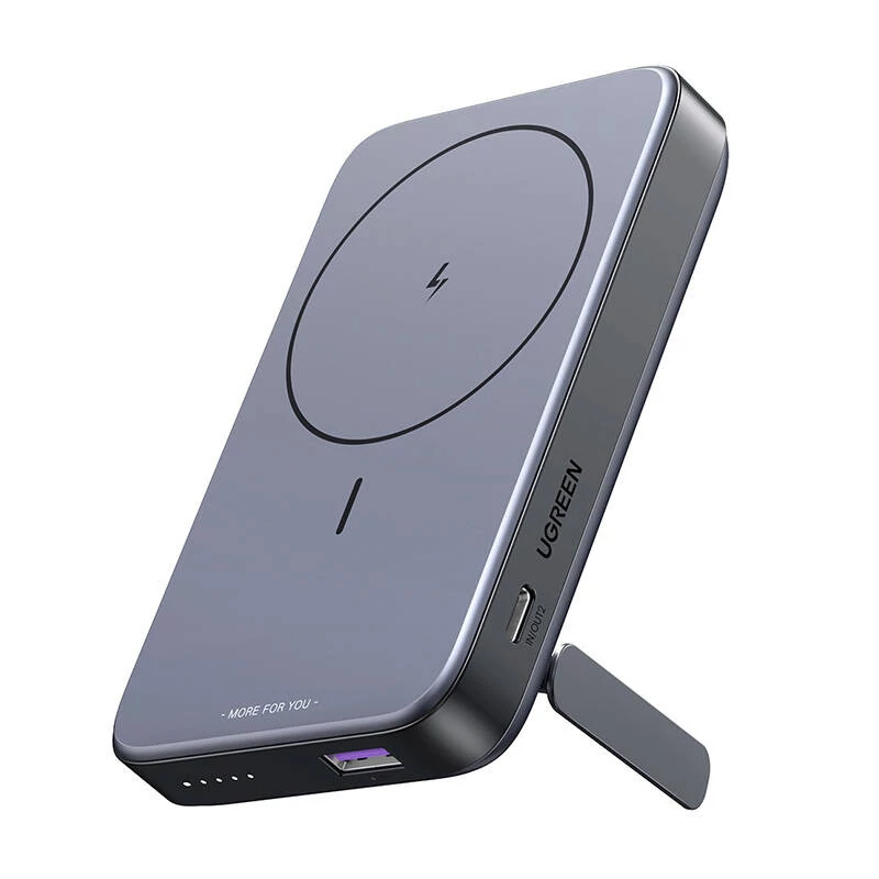 Ugreen PB206 mágneses hordozható töltő 10000mAh, USB + USB-C, 20W, állvány funkcióval (fekete)