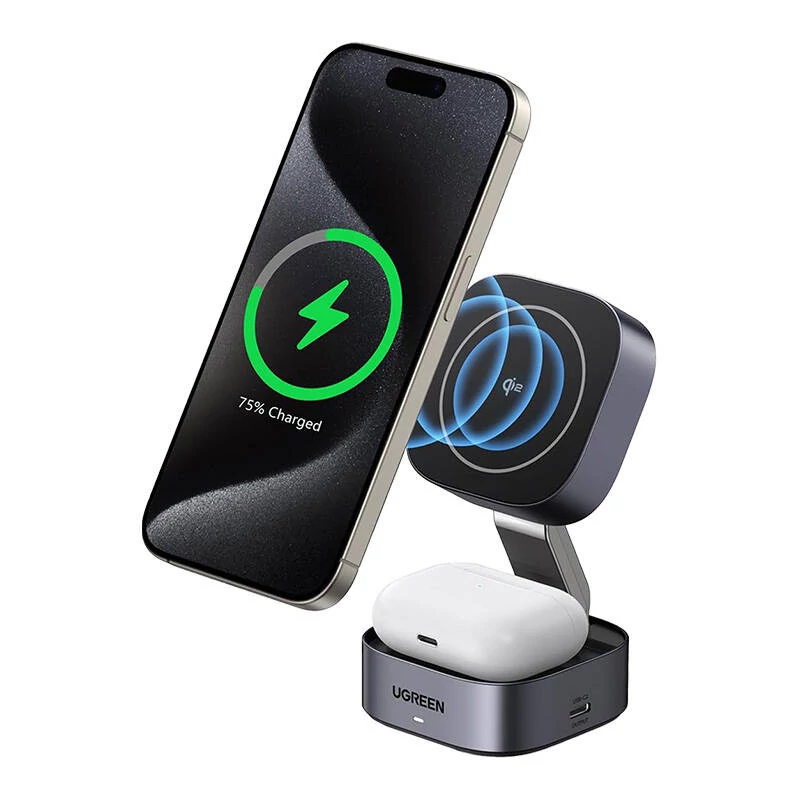 Ugreen W702 Qi2 2 az 1-ben indukciós töltő iPhone-hoz, AirPods-hoz, 15W (szürke)