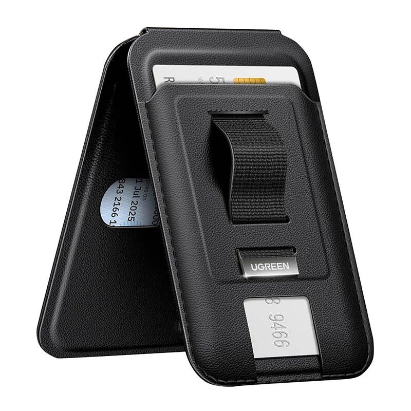 Ugreen LP836 mágneses iPhone MagSafe tárcatok állvánnyal és tartó funkcióval, bőr (fekete)