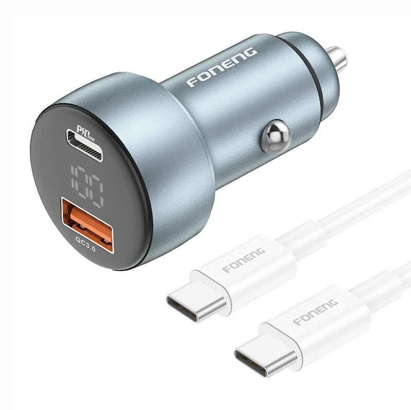 Foneng C18 1xUSB-A, 1xUSB-C 2.4A 48W Autó töltő (szürke) + USB-C to USB-C kábel