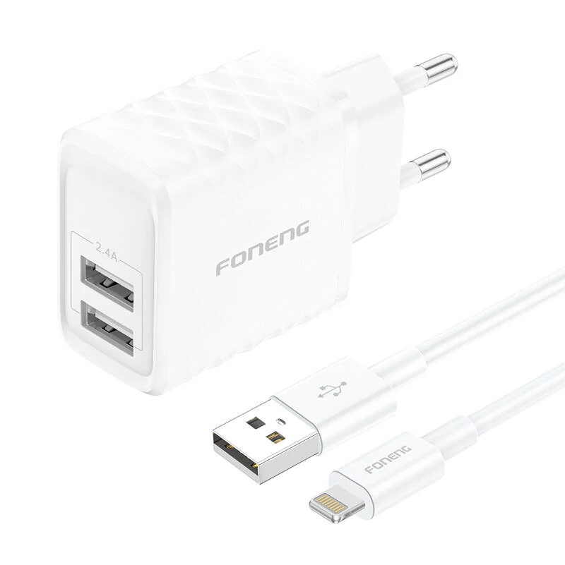 Foneng EU53 2xUSB-A, 2.4A-os Hálózati Töltő (Fehér) + USB-A - Lightning Kábel