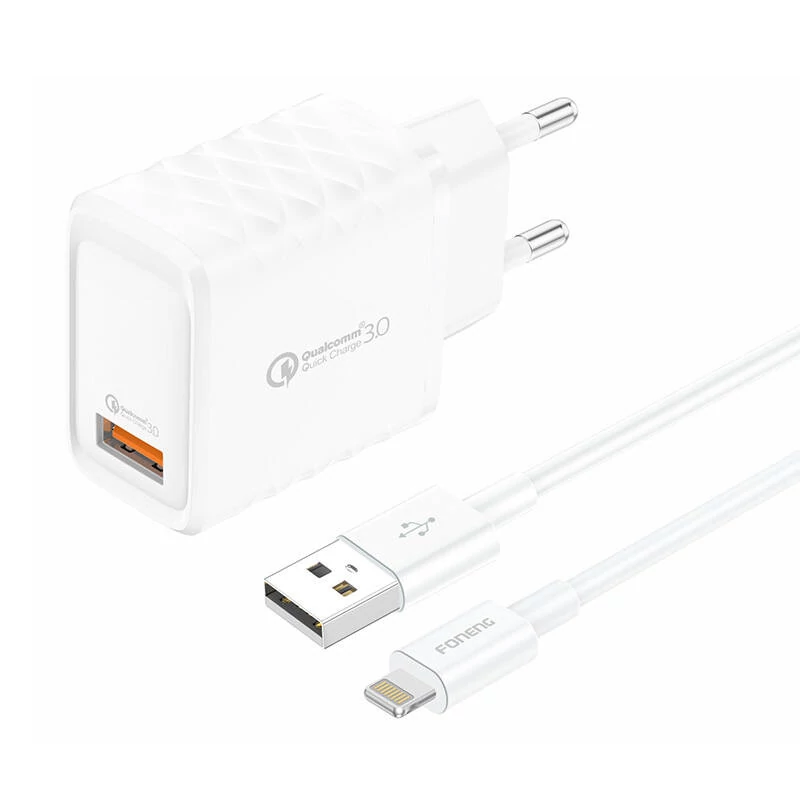 Foneng EU54 USB-A, 3A hálózati töltő (Fehér) + USB-A - Lightning kábel