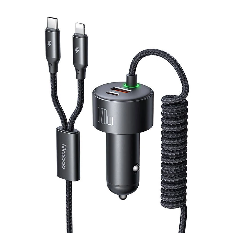 Mcdodo CC-0370 autós töltő, USB-C, Lightning, 120W, behúzható kábelekkel