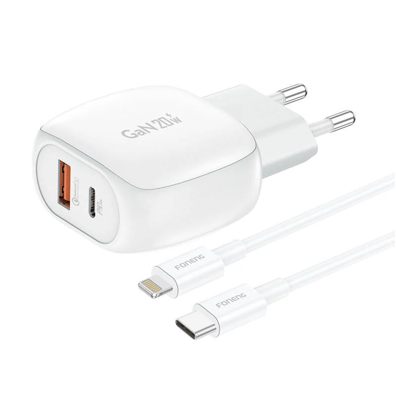 Foneng EU41 USB-C+USB-A 20W hálózati töltő (Fehér) + USB-C - Lightning kábel