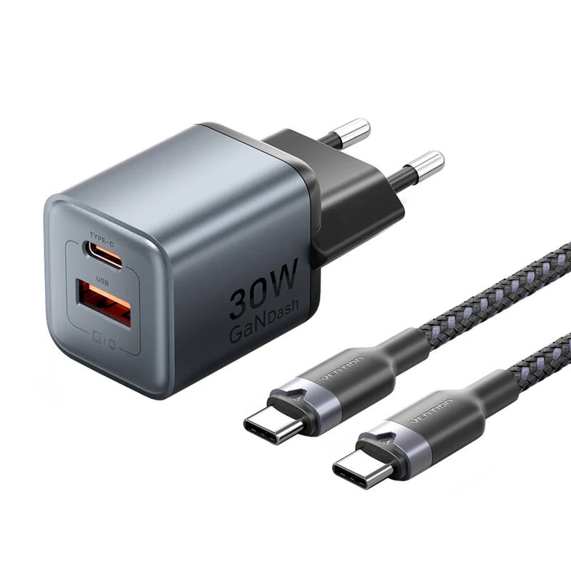 Vention GaN USB-C+A 30W töltő + USB-C kábel 1m (szürke)
