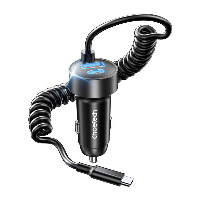 Choetech TC0030 65W 1C1A autós töltő rugós kábellel, 1.2m